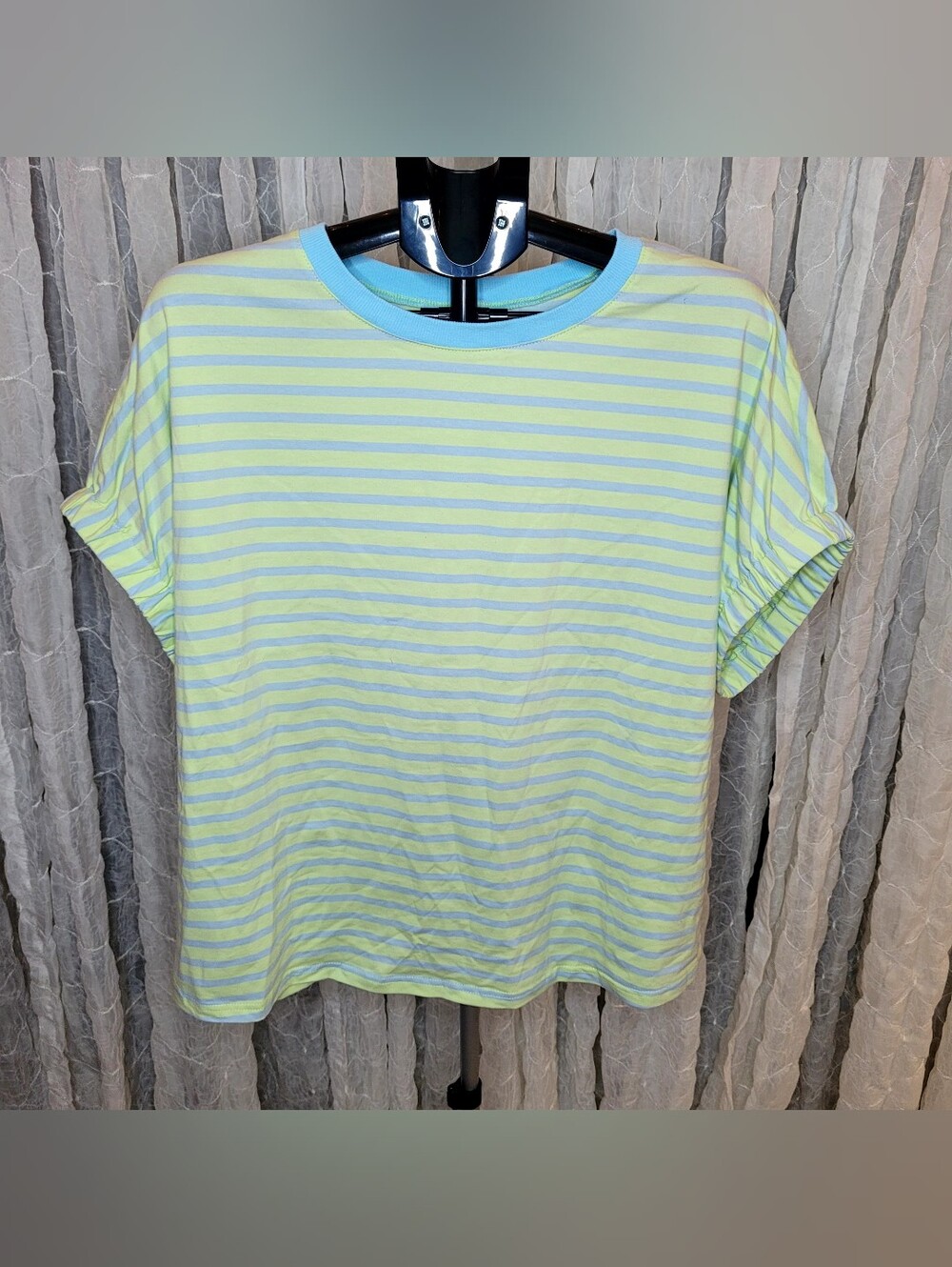 Retro Pastel Striped Ruched Short Sleeve Crew Neck Tee Top XL Blue Green